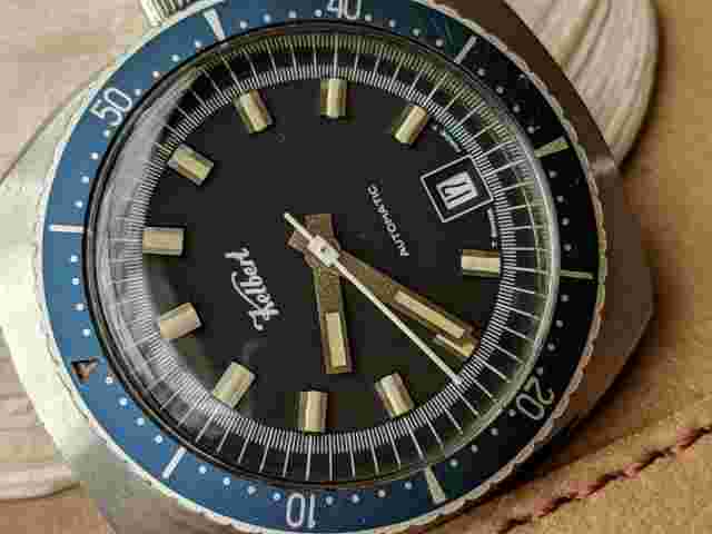 Vintage Kelbert Diver w/Mint Dial,Patina,Blue Bezel,All SS Case,Screwdown Crown