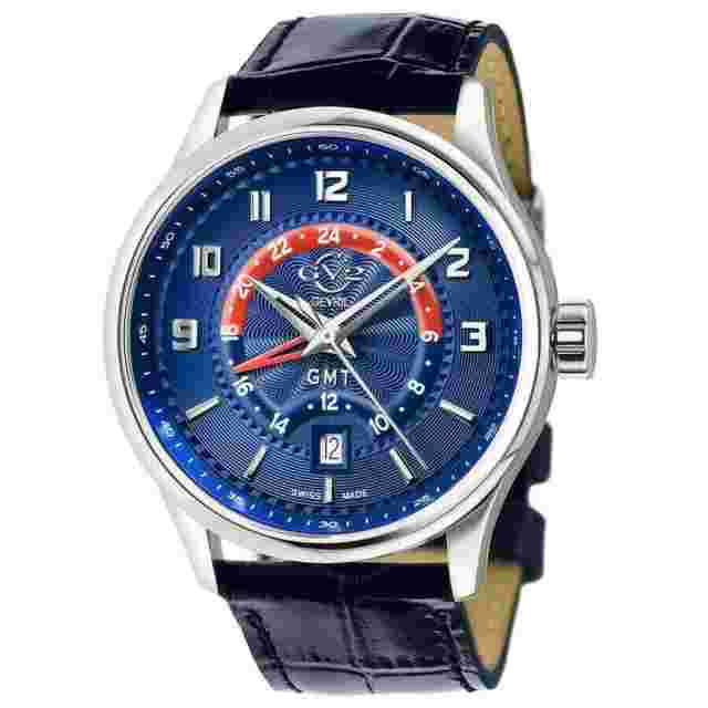 Gv2 By Gevril Men's 42302 Giromondo Blue Dial Leather Date Swiss Made GMT Watch