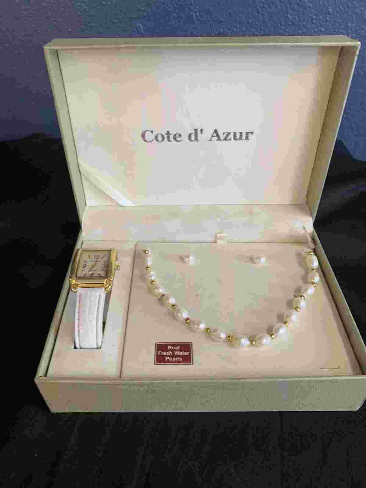Cote D' Azur Ladies-Earrings-Necklace -Watch Real Fresh Water Pearls Gift Set