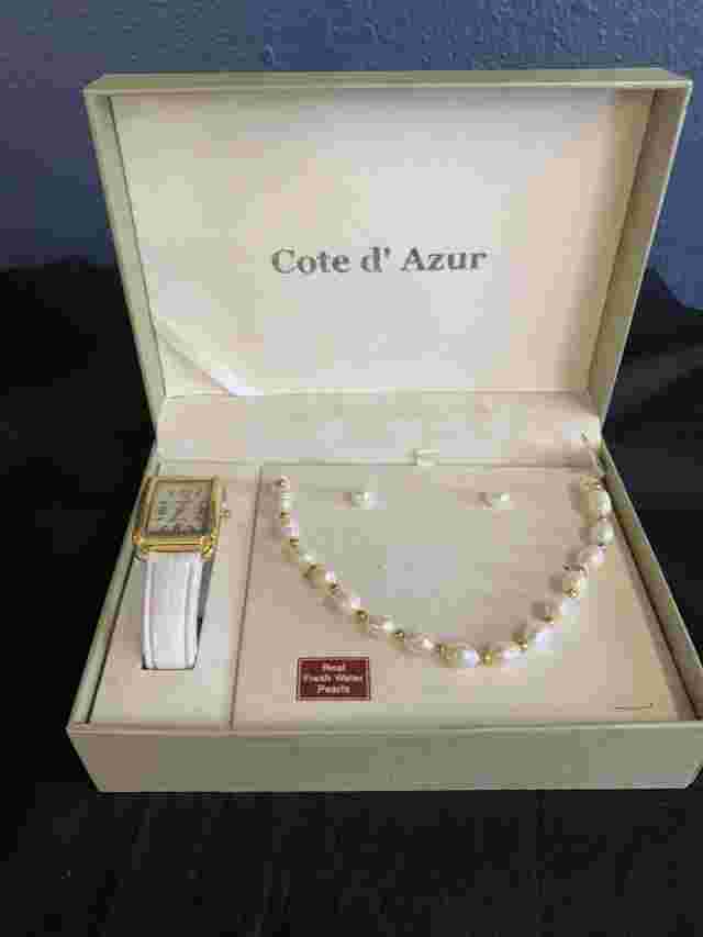 Cote D' Azur Ladies-Earrings-Necklace -Watch Real Fresh Water Pearls Gift Set