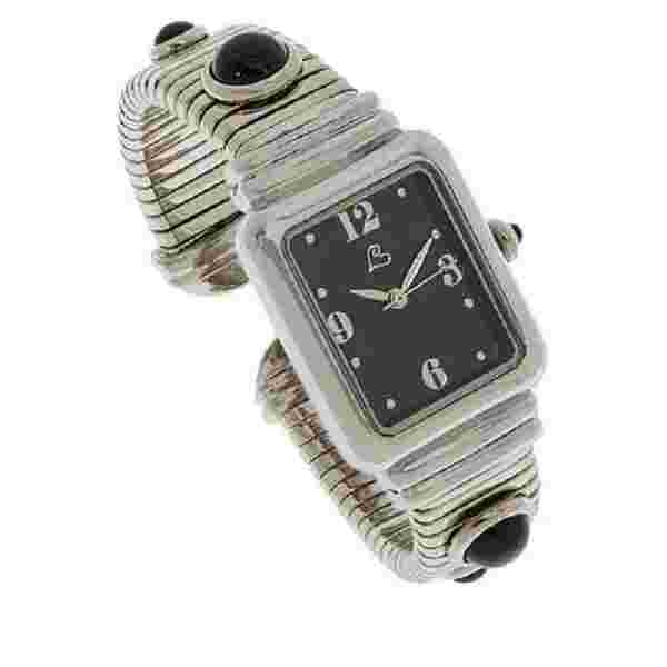 HSN Colleen Lopez Stainless Steel Black Onyx Gemstone Dial Cuff Watch