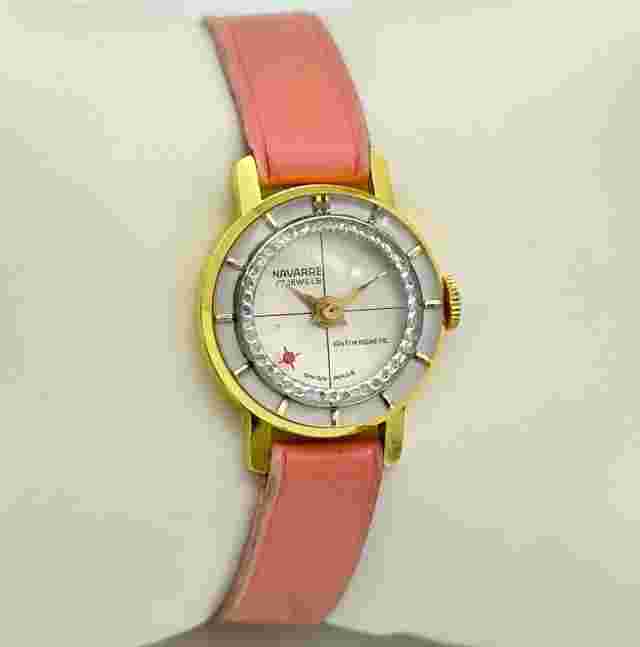 Vintage Women's NAVARRE Gold Tone Mystery Dial Mechanical Watch, Pink Band, Runs