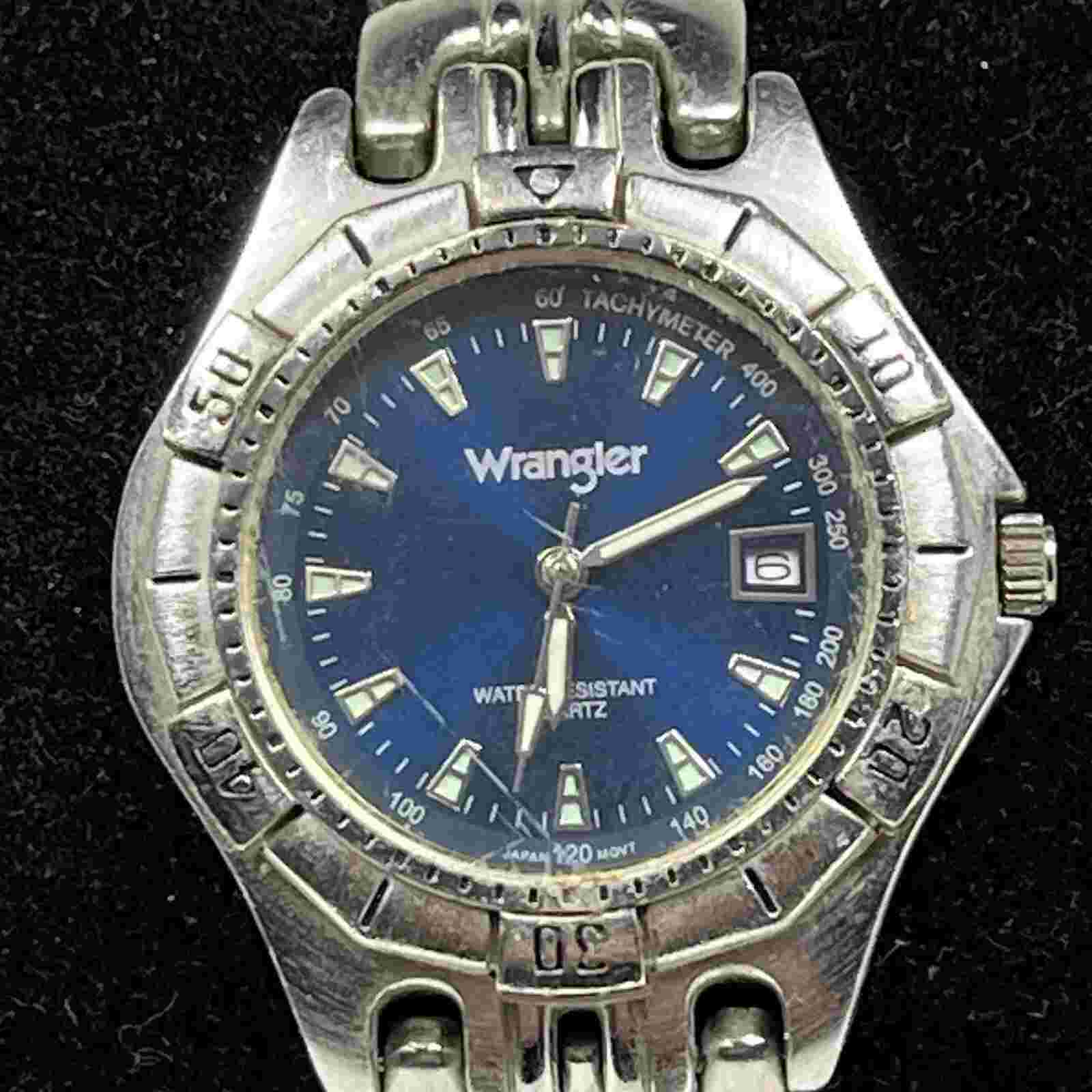 Vintage Wrangler Quartz Watch Men 30m Silver Blue Rotating Bezel Date New Batter