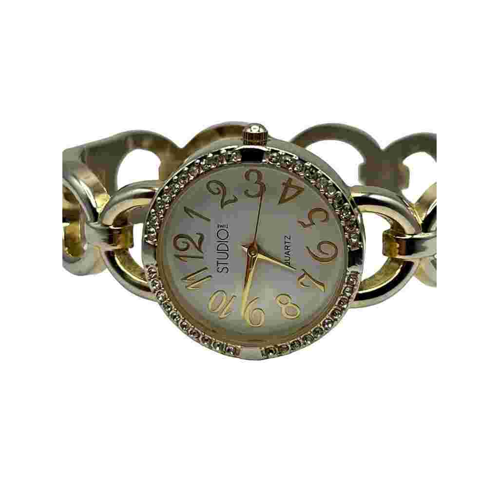 Vintage Studio Time Quartz Gold/Silver Round Large Face Analog Watch Hinged Cuff