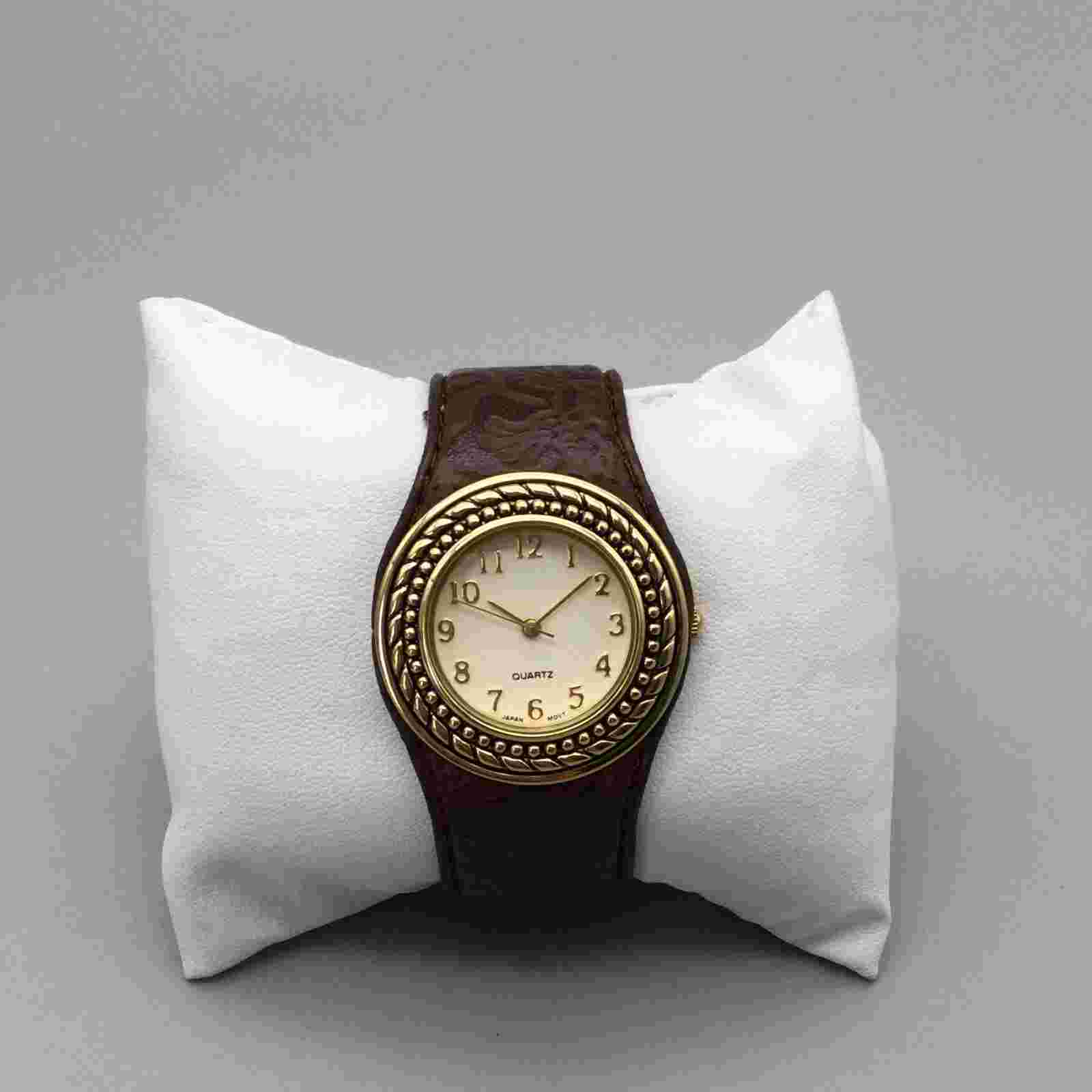 Avon Western Watch Women 34mm Gold Tone Leather Open Cuff Band New Battery