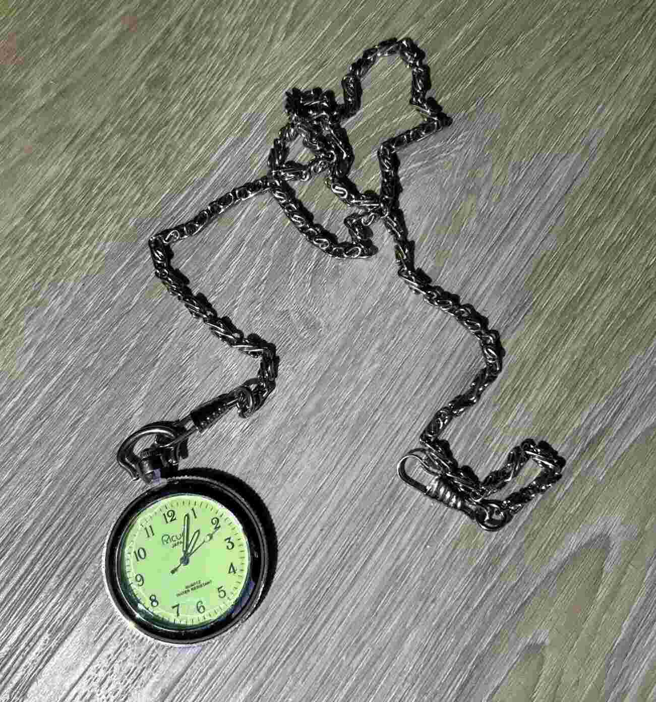 Men’s Acuet Japan Quartz Pocket Watch Water Resistant Glow In Dark Face & Hands