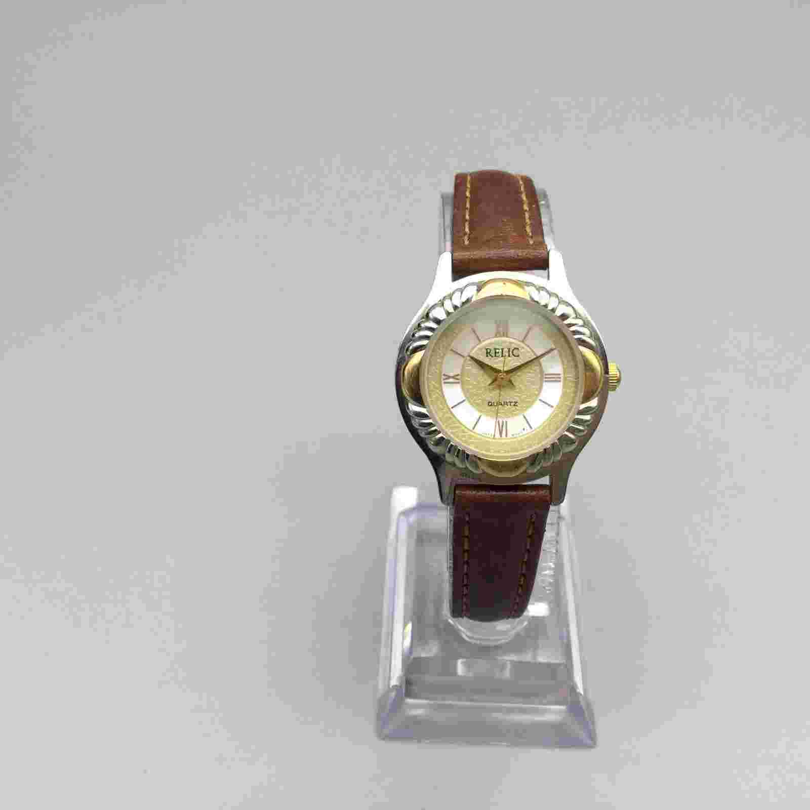Relic Southwest Watch Women 27mm Silver Gold Tone Brown Leather Band New Battery