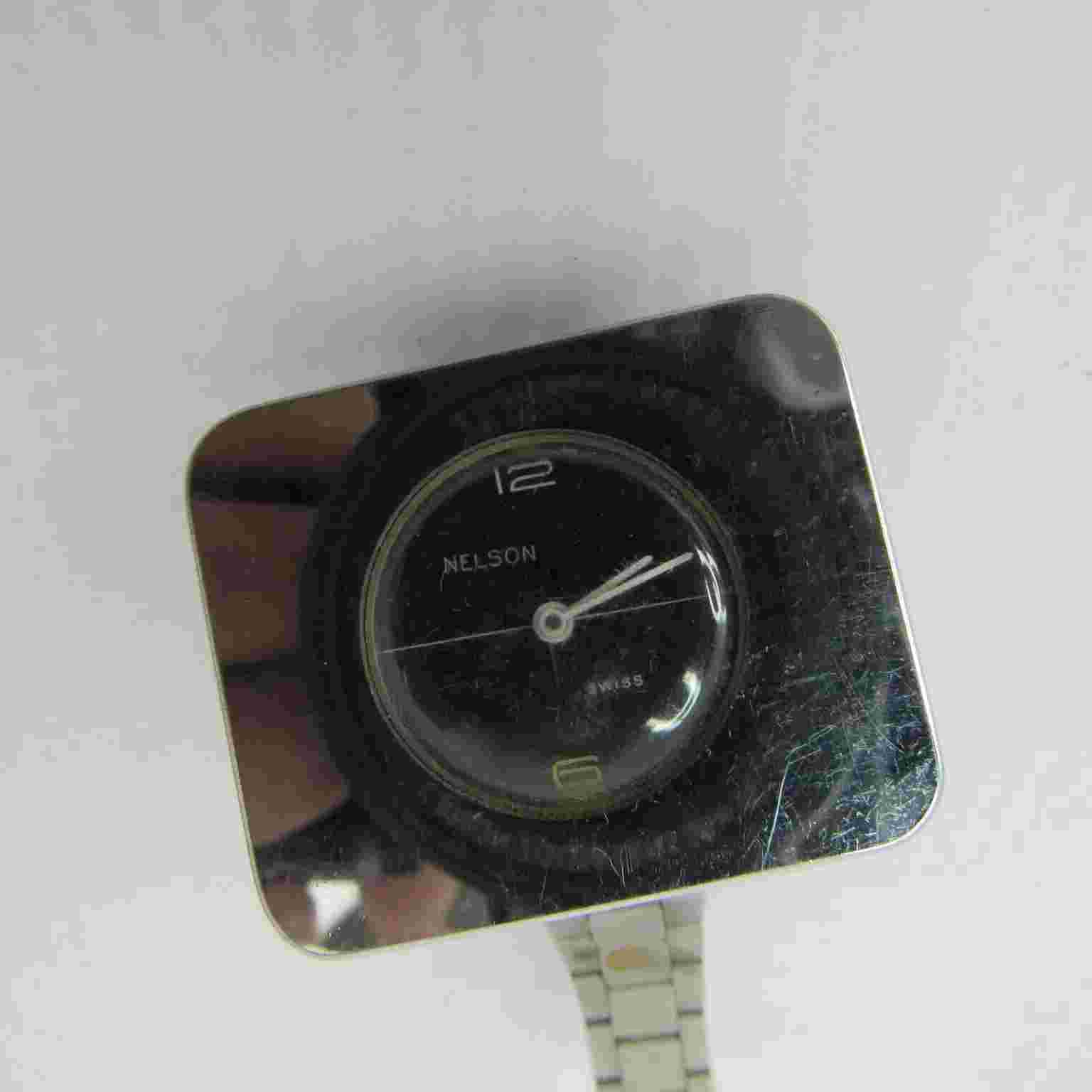 Vintage NELSON Swiss Made Watch Unisex Silver Tone Stainless Steel Black  Dial