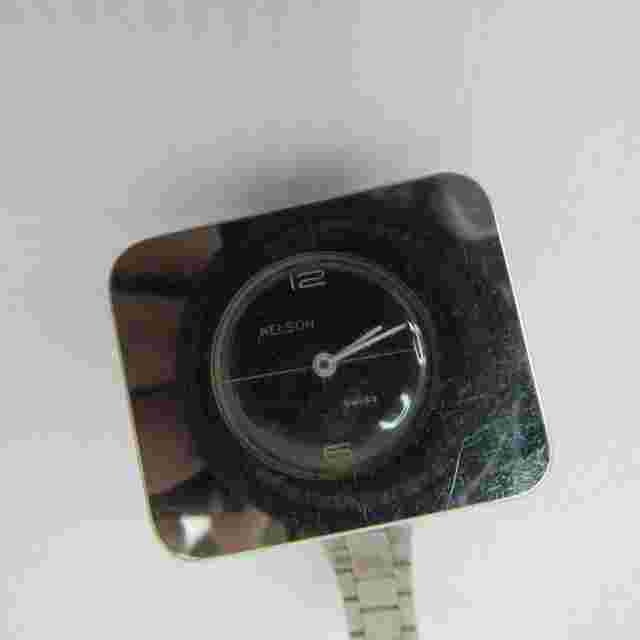 Vintage NELSON Swiss Made Watch Unisex Silver Tone Stainless Steel Black  Dial