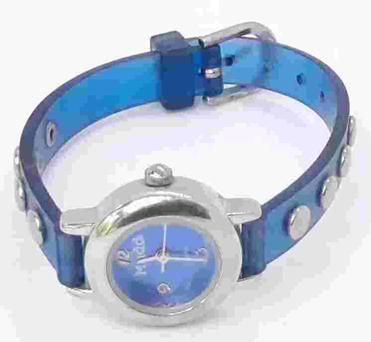 Women Mudd Watch Md240-g6 Blue Translucent Rubber Band Silver Case Tiny Watch