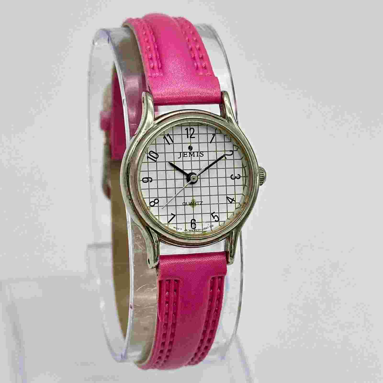 Vintage 1980s Women's JEMIS Silver Tone Checkered Dial Watch, Pink Band, 24mm