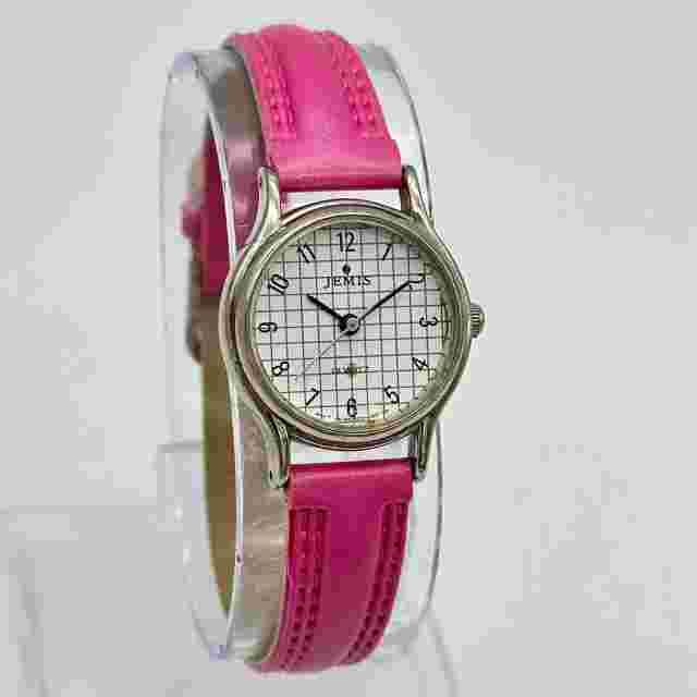 Vintage 1980s Women's JEMIS Silver Tone Checkered Dial Watch, Pink Band, 24mm