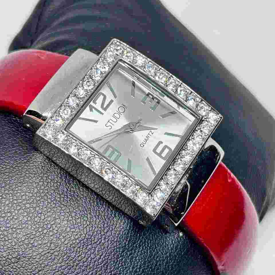 Studio Silver Tone Square Dial Rhinestones Red Bangle Women’s Quartz Watch