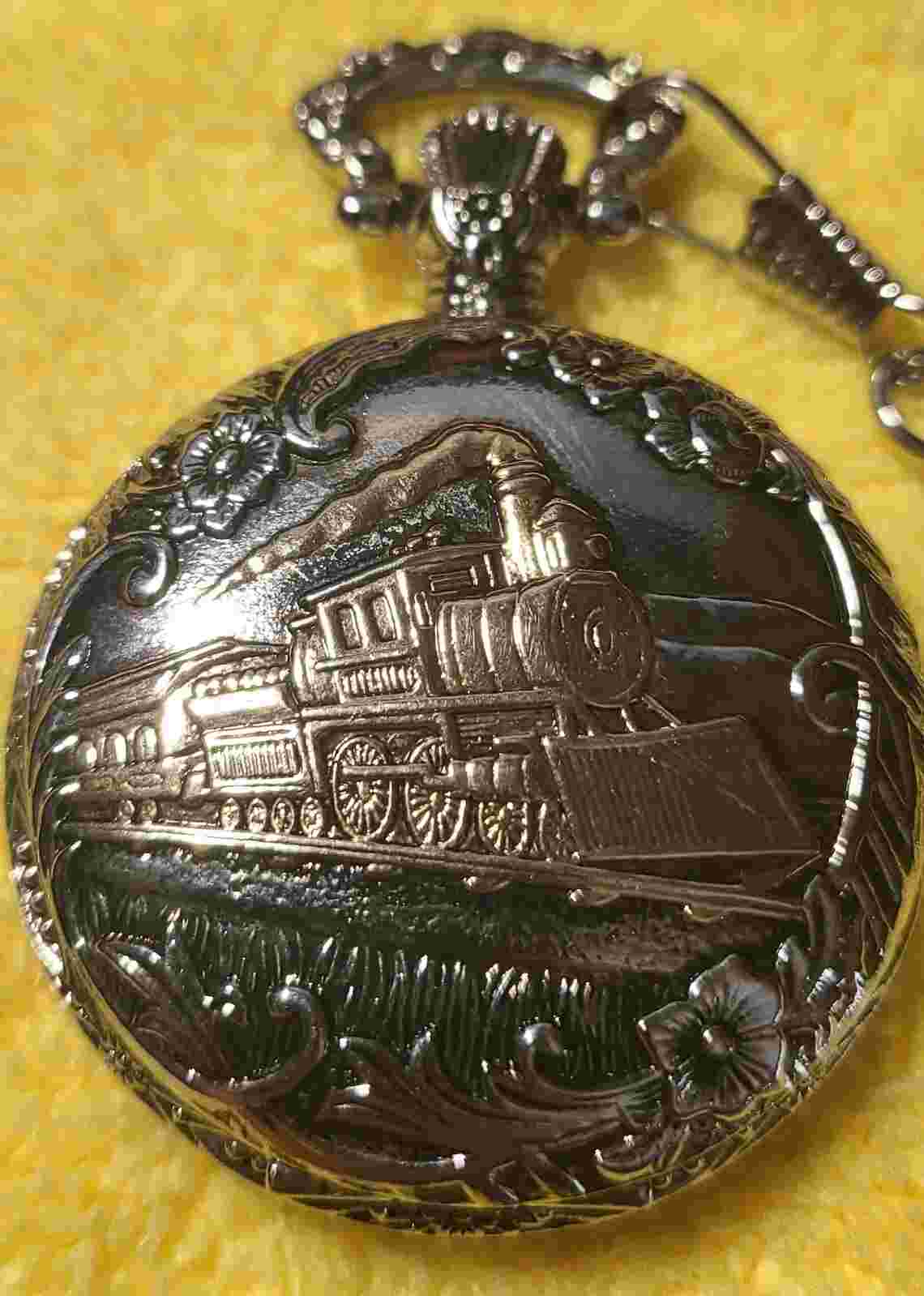 Milan Quartz Locomotive Train Pocket Watch Silver Tone With Gold Accents! Rare!