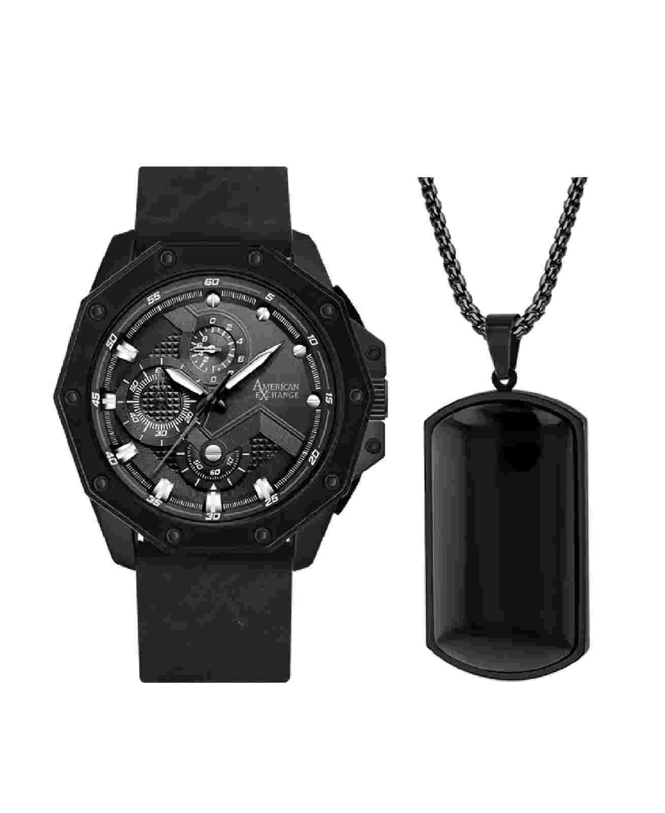 American Exchange Men's Analog Matte Black Leather Strap Watch 48mm Gift Set