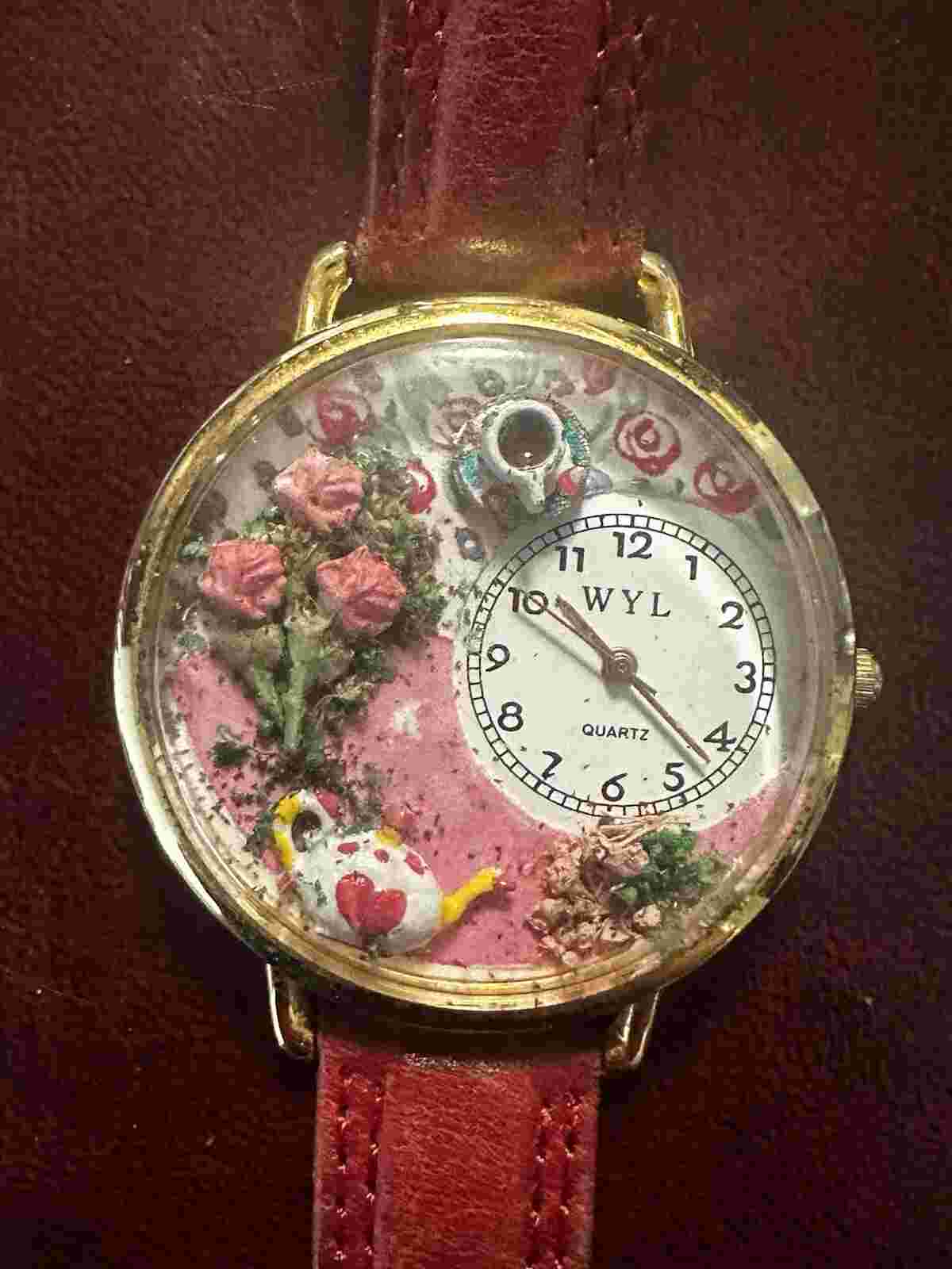 VTG Whimsical Watches Pink Teapot and Cup Roses Watch - Needs Battery