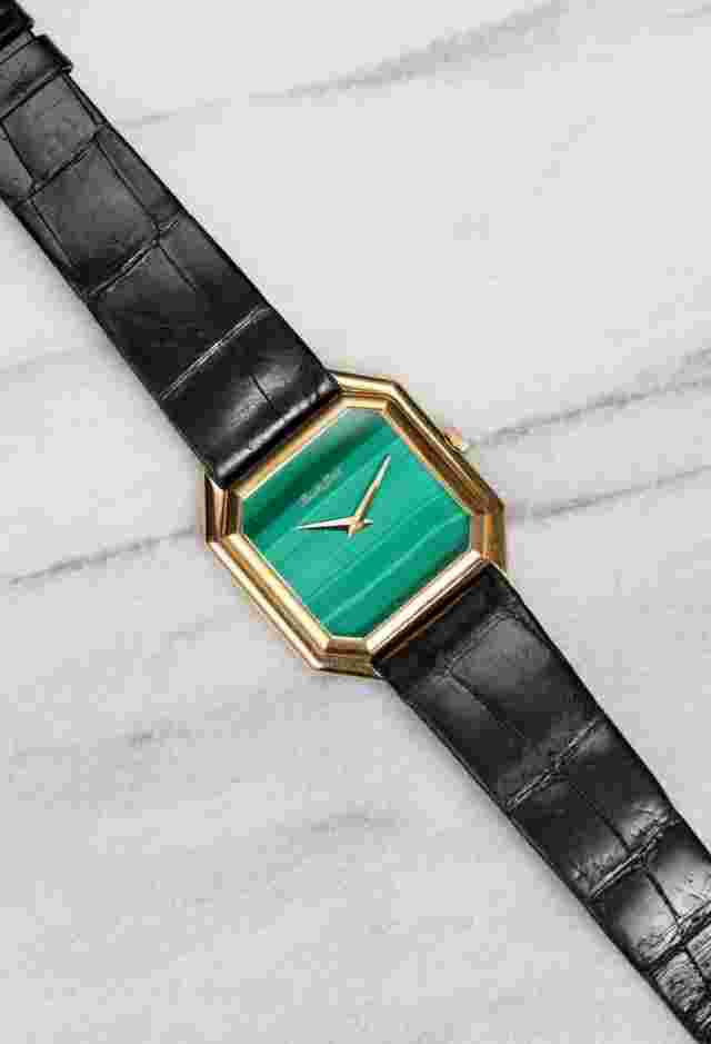 Vintage Bueche Girod 70s 18K Yellow Gold Manual Wind Malachite Stone Dial 28mm.