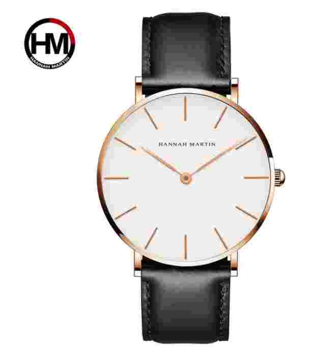 Men's Watch with Leather strap, waterproof, quartz, high quality, rose gold dial
