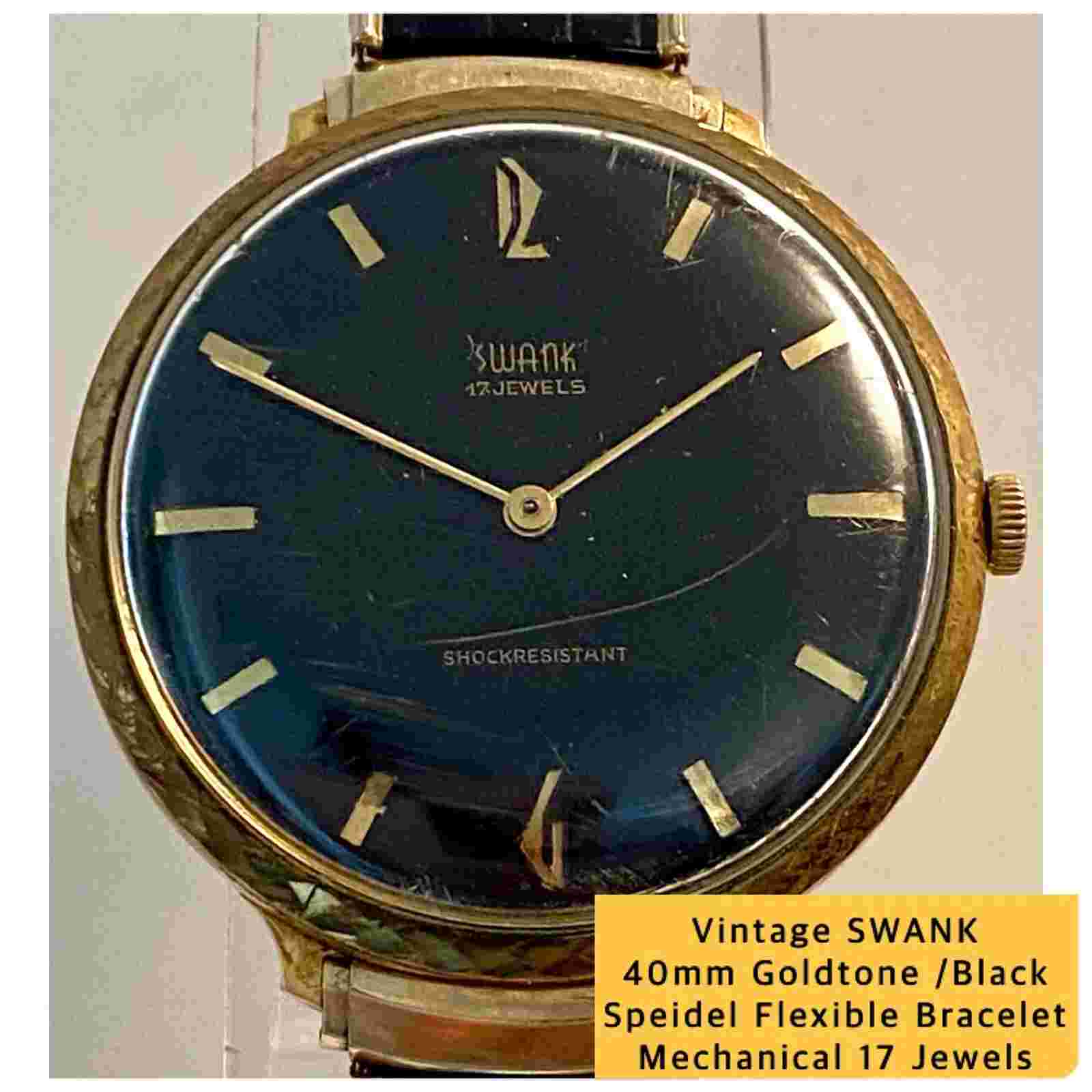 Vintage 40mm Black Dial Mechanical Wind 17J SWANK Speidel Black Bracelet Watch