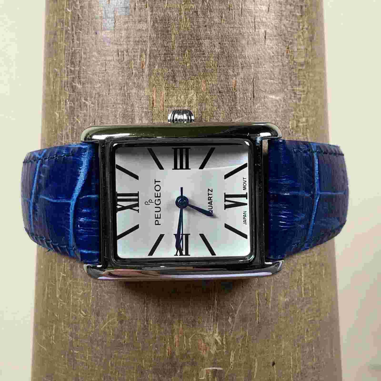 Peugeot Women 3036 Blue Leather Rectangular 26mm Quartz Analog Watch 7 3/4"