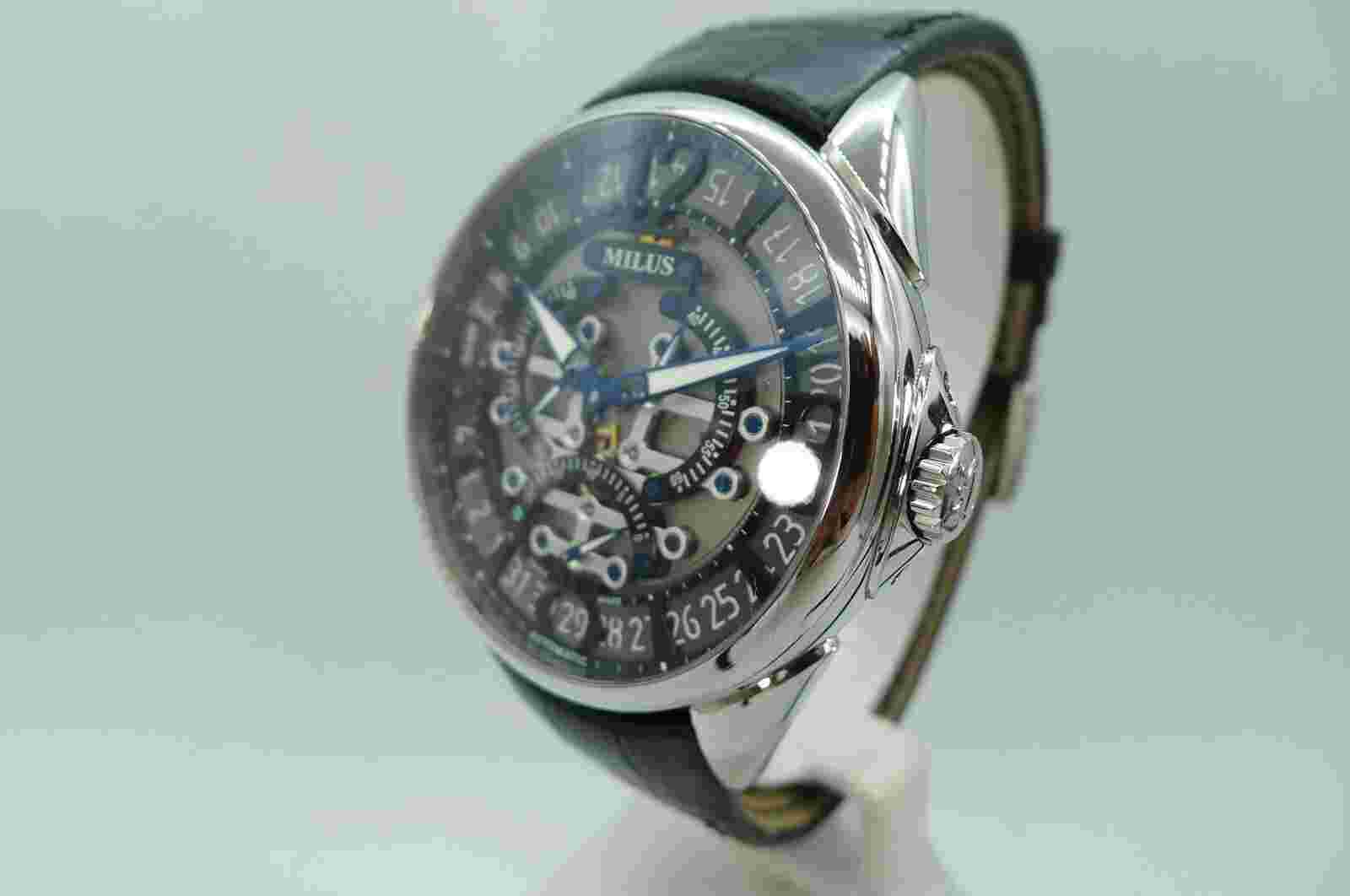MILUS TIRION TIRI002 TRIRETROGRADE RETROGRADE SKELETON 45MM SWISS WARRANTY