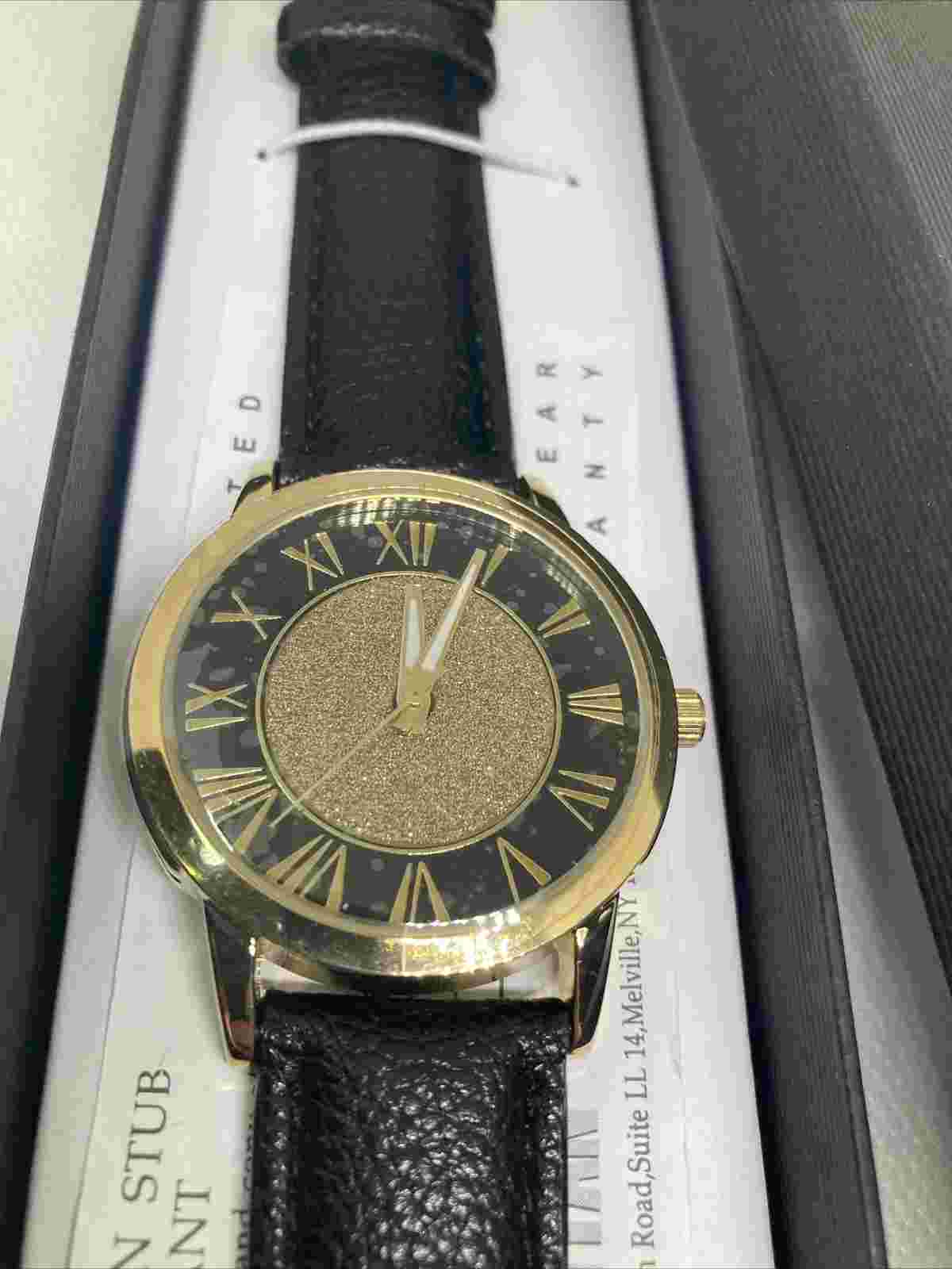 New Boxed Manhattan By Croton Black Goldtone Jeweled Ladies Watch