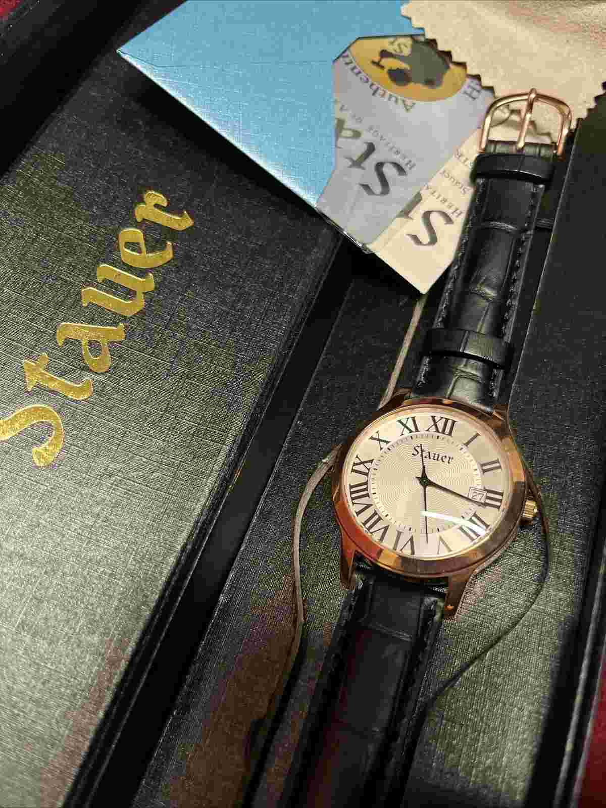 Men's Stauer Rose Goldtone SWISS Watch Date BIg Roman #'s Leather NMint 98167G
