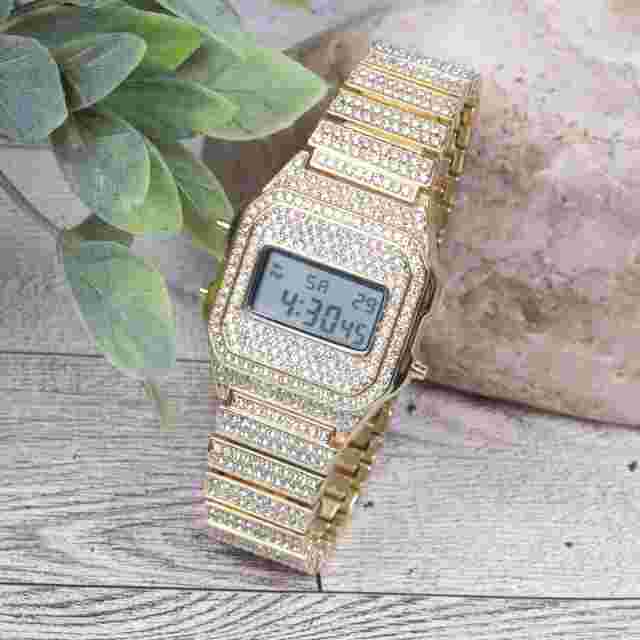 Montres Carlo Men's Hip Hop Luxury Stones Clubbing Wrist Digital Watch Gold