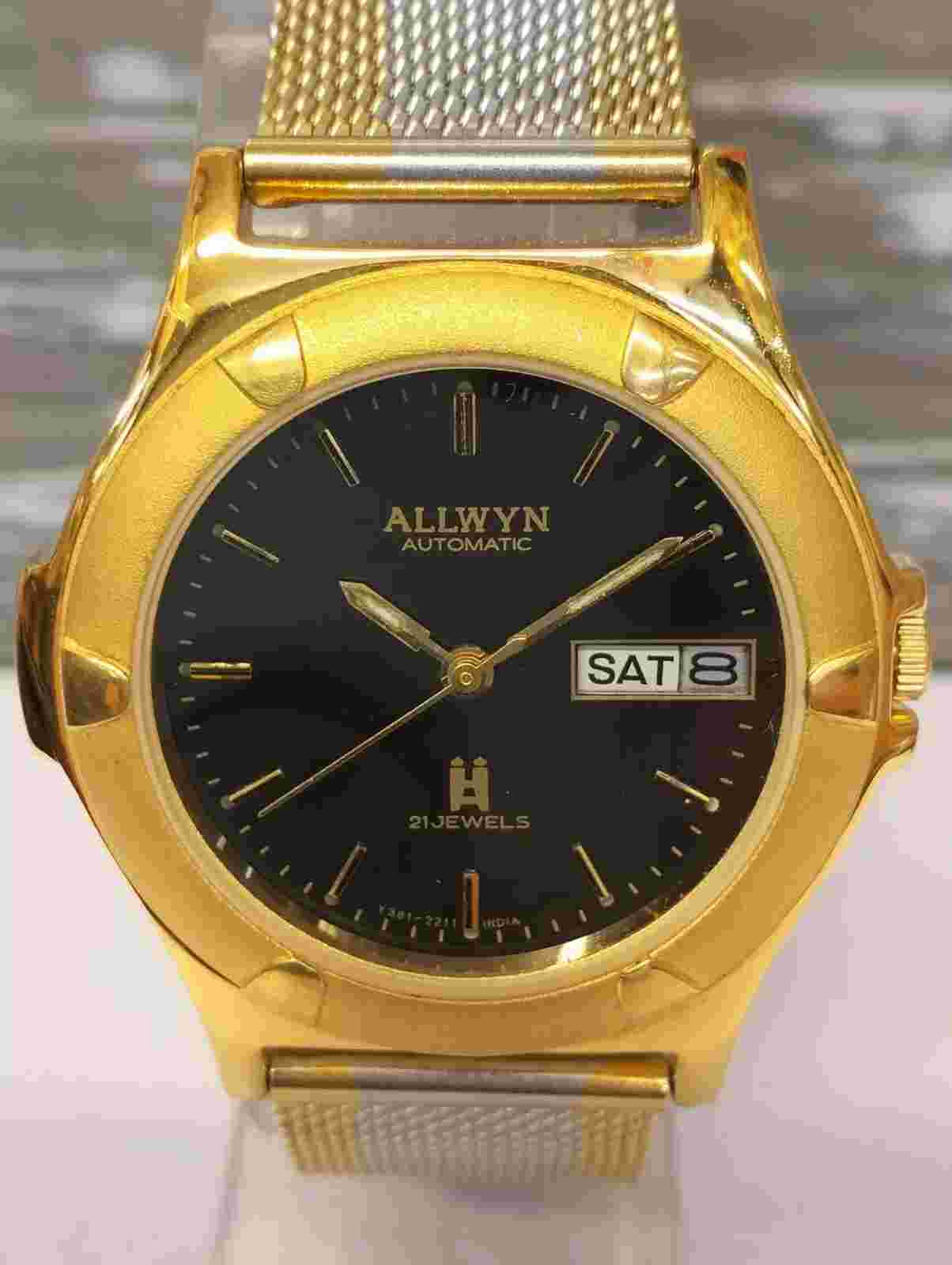 ALLWYN 21 JEWELS AUTOMATIC NOS BLACK DIAL Y381-8460 INDIA MEN'S FULL WORKING VTG