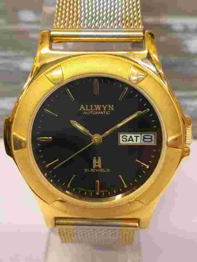 ALLWYN 21 JEWELS AUTOMATIC NOS BLACK DIAL Y381-8460 INDIA MEN'S FULL WORKING VTG
