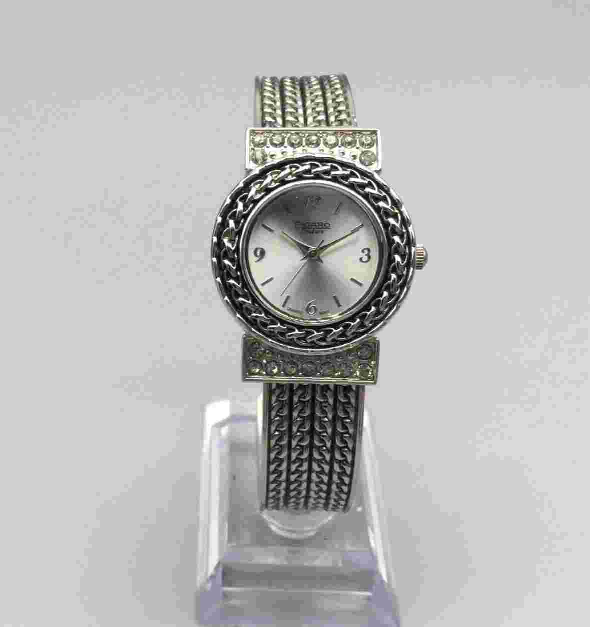 Figaro Couture Bling Watch Women 28mm Silver Tone Dial Open Cuff New Battery