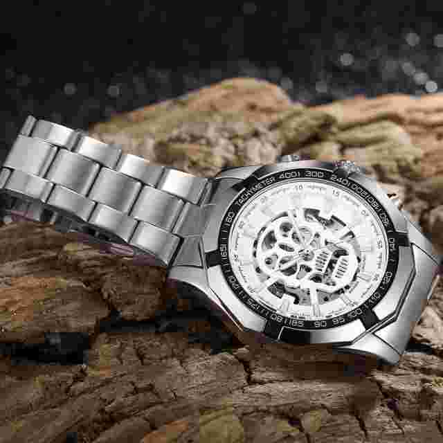 T-Winner Watch Men Steampunk Luminous Skeleton Automatic Mechanical White
