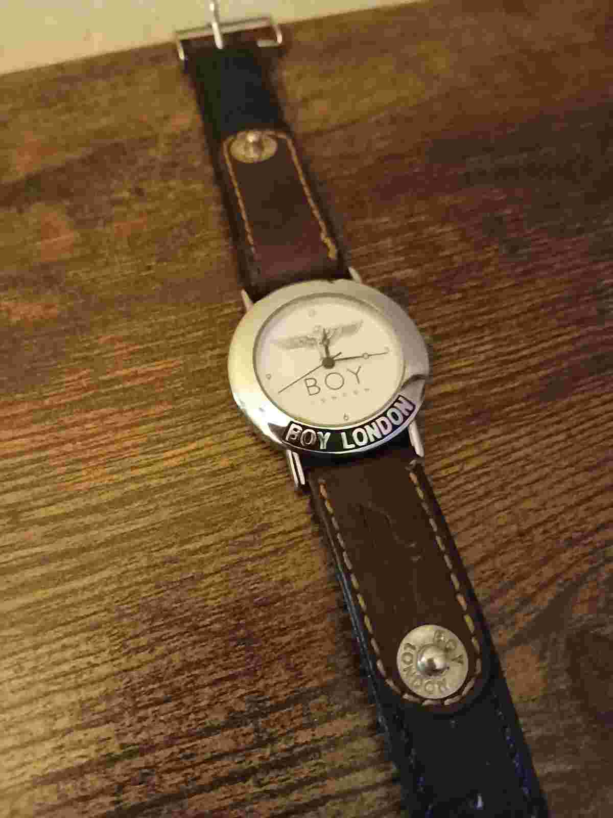 Vtg BOY LONDON Watch Men Leather Silver Tone NEED BATTERY - (FREE SHIPPING)