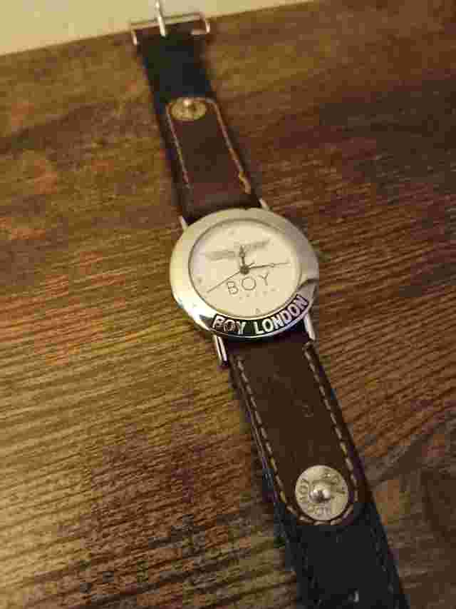 Vtg BOY LONDON Watch Men Leather Silver Tone NEED BATTERY - (FREE SHIPPING)