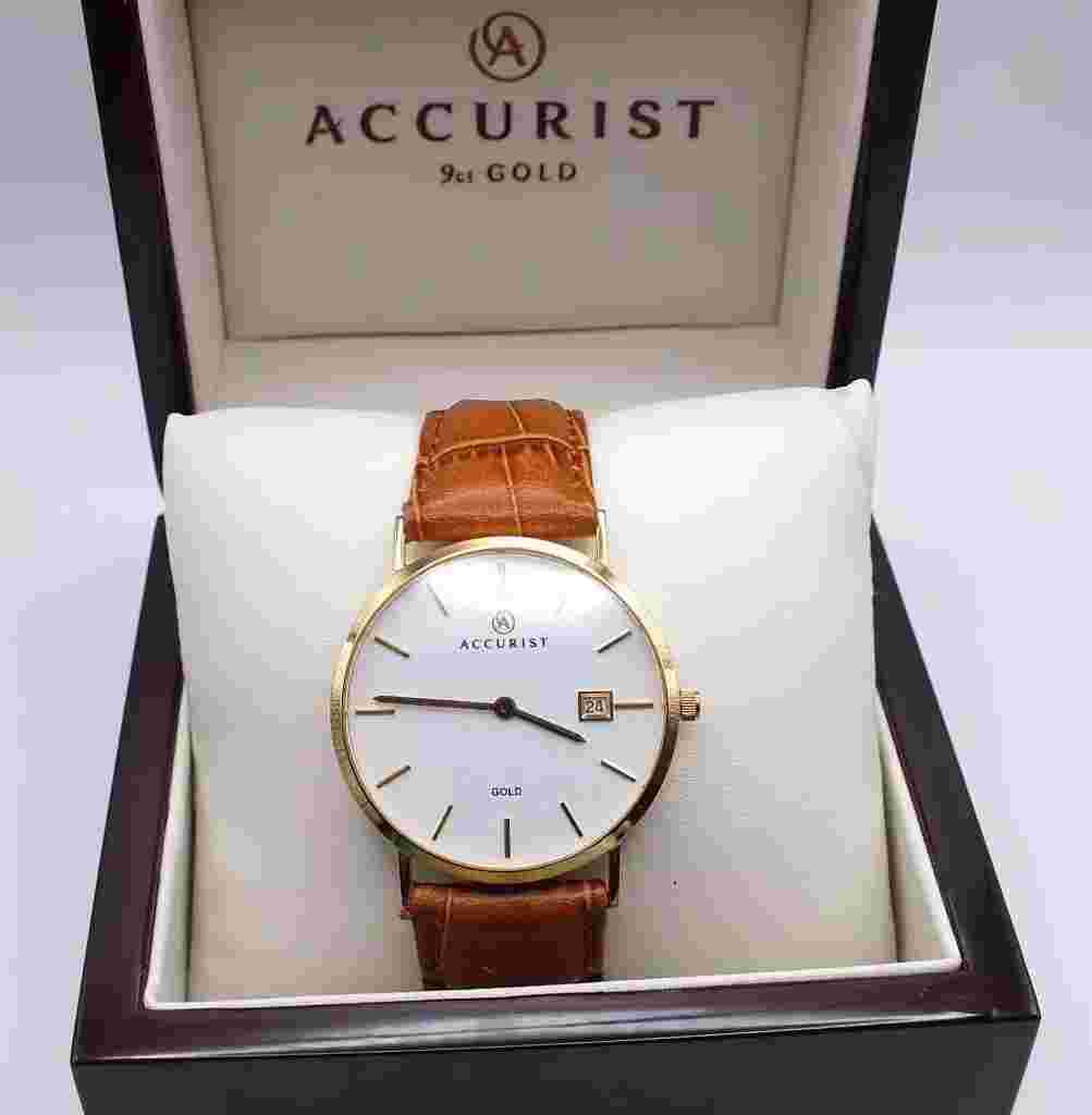 GENTS ACCURIST 9ct SOLID GOLD WRISTWATCH, 7801 36mm QUARTZ, MINT