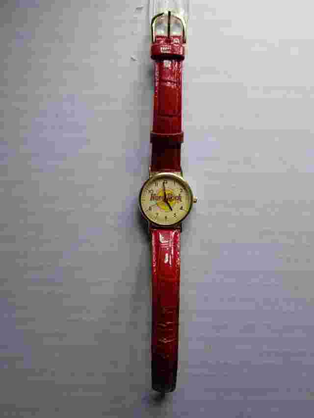 Hard Rock Cafe Watch Orlando Gold Tone Case Red Leather Band Works