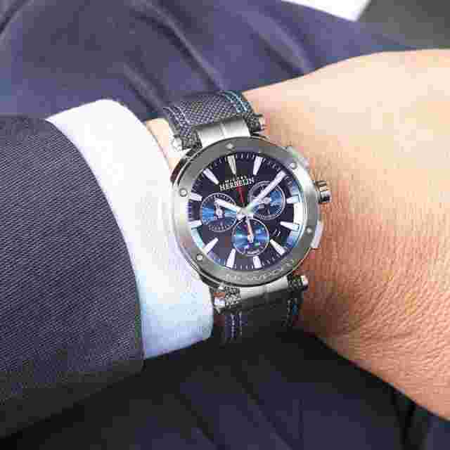 Michel Herbelin Newport 37688AG65 Mens Leather Strap Black Choronograph Watch
