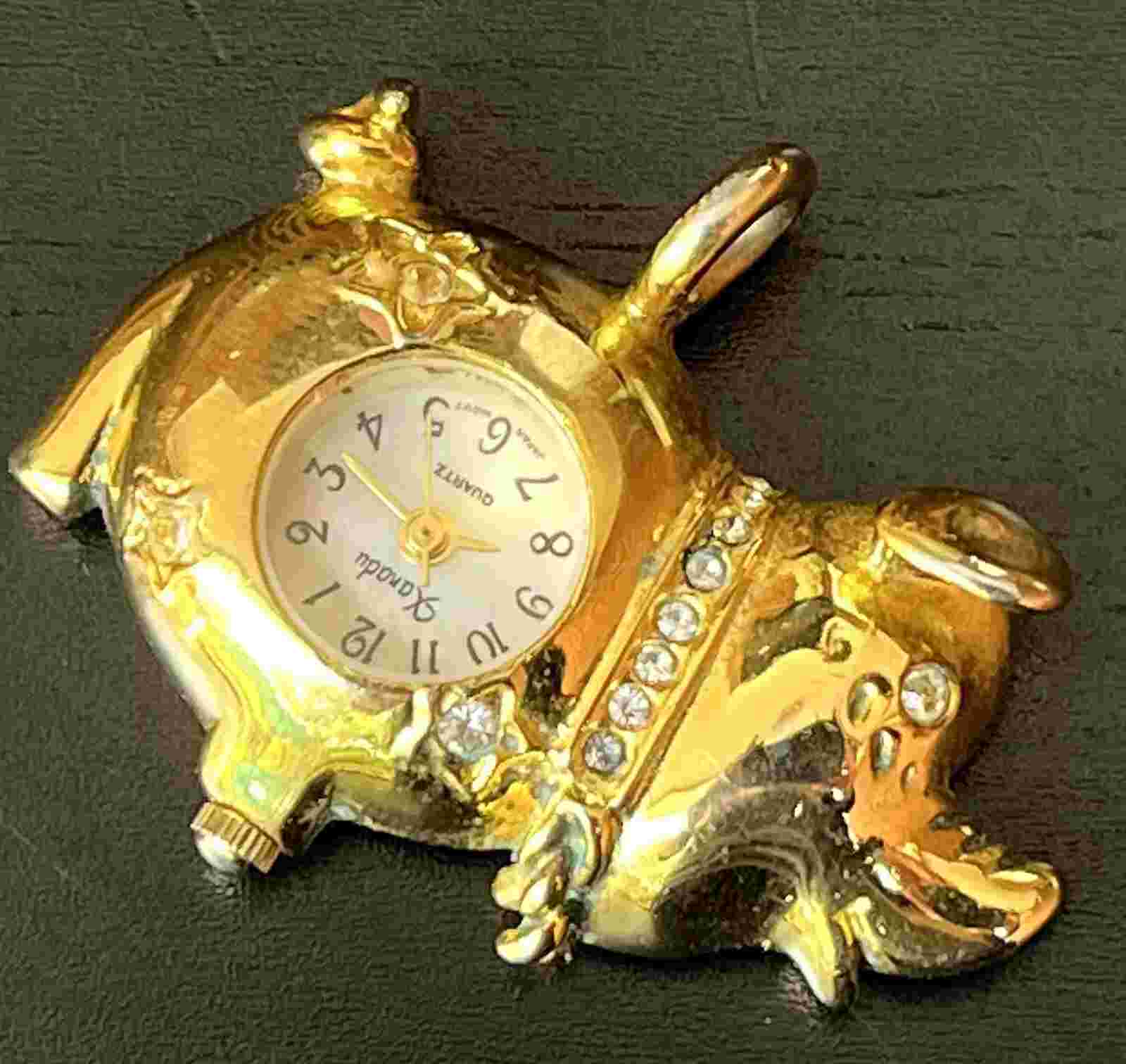 Rare Vintage XANADU Rich Gold Tone Rhinestone Pig Watch Retro Pendant MOP DIAL