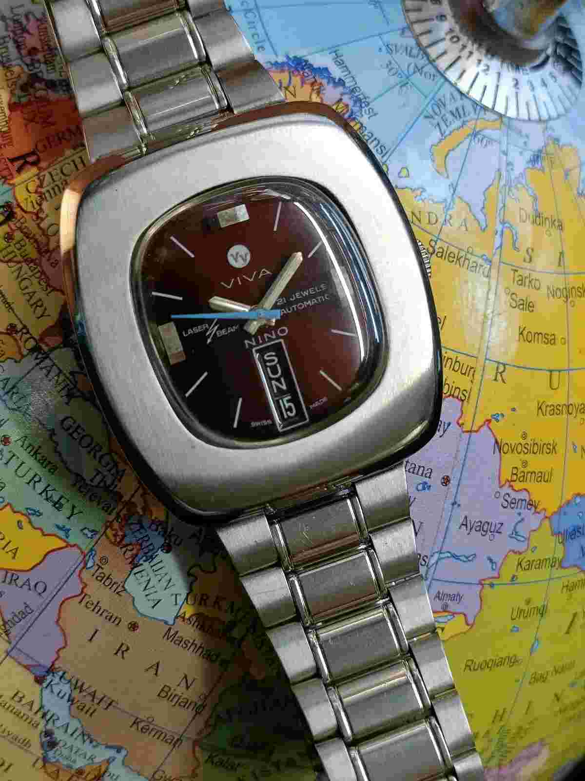 AUTHENTIC NINO VIVA LASER BEAM SWISS AUTOMATIC MENS MINT WINE DIAL VINTAGE WATCH