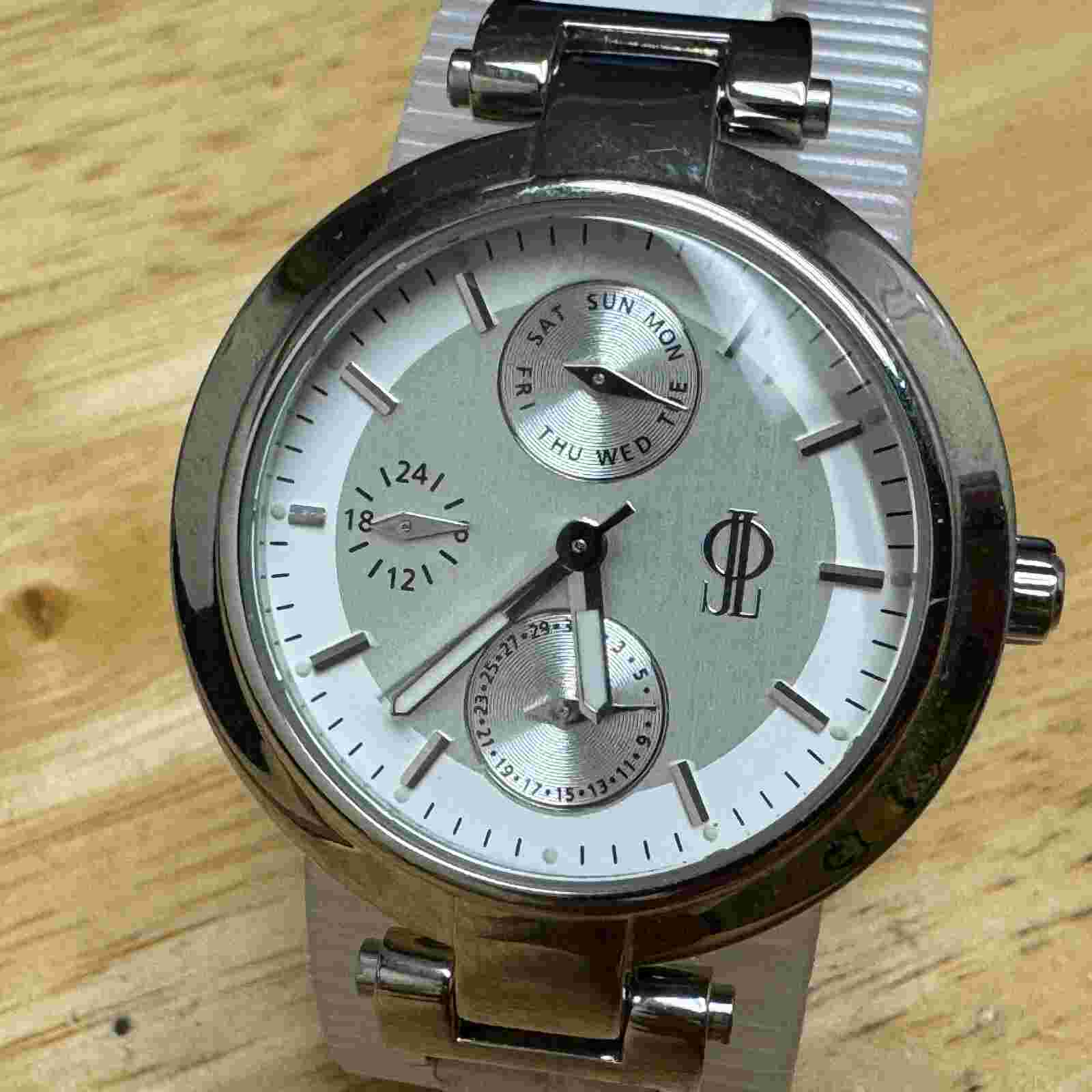 Jennifer Lopez Quartz Watch Women Silver Steel Day Date Leather Analog New Batte