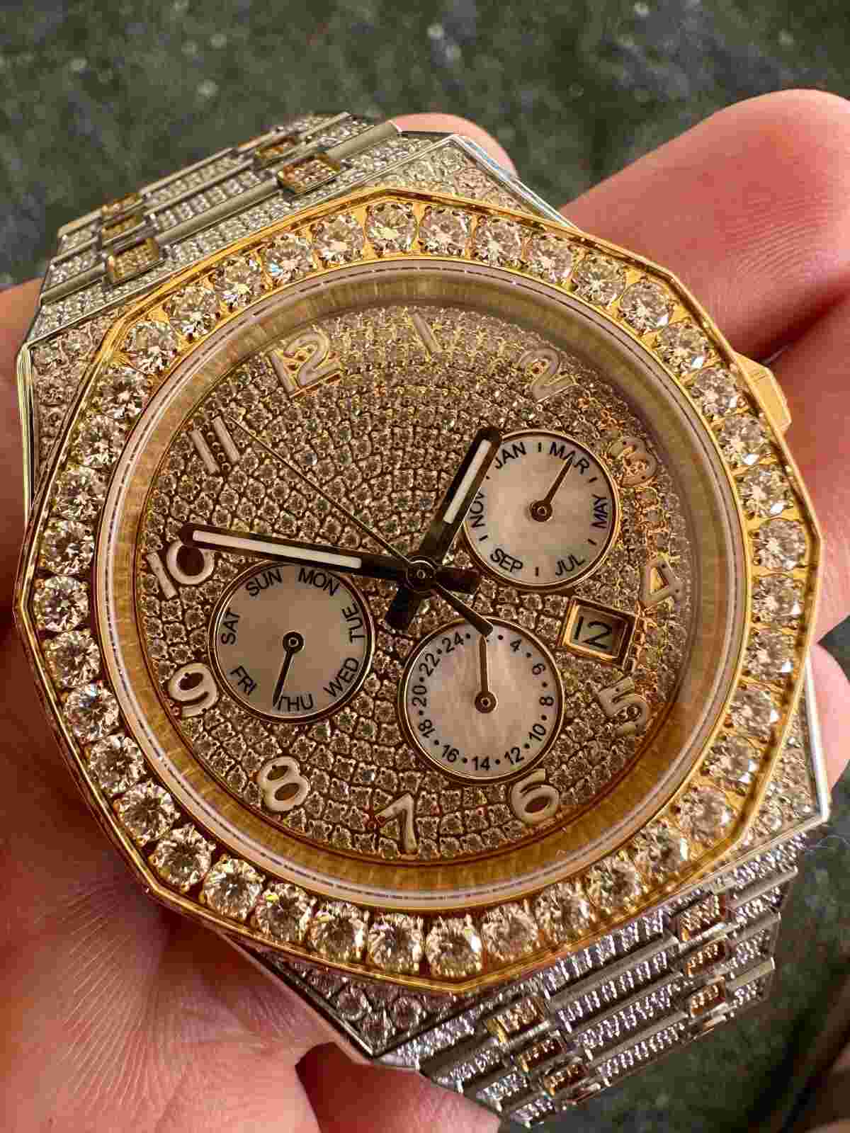Real MOISSANITE Mens Watch Gold Two Tone Iced Skeleton Back Hip Hop Pass Tester
