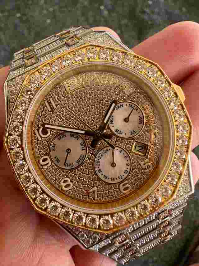 Real MOISSANITE Mens Watch Gold Two Tone Iced Skeleton Back Hip Hop Pass Tester