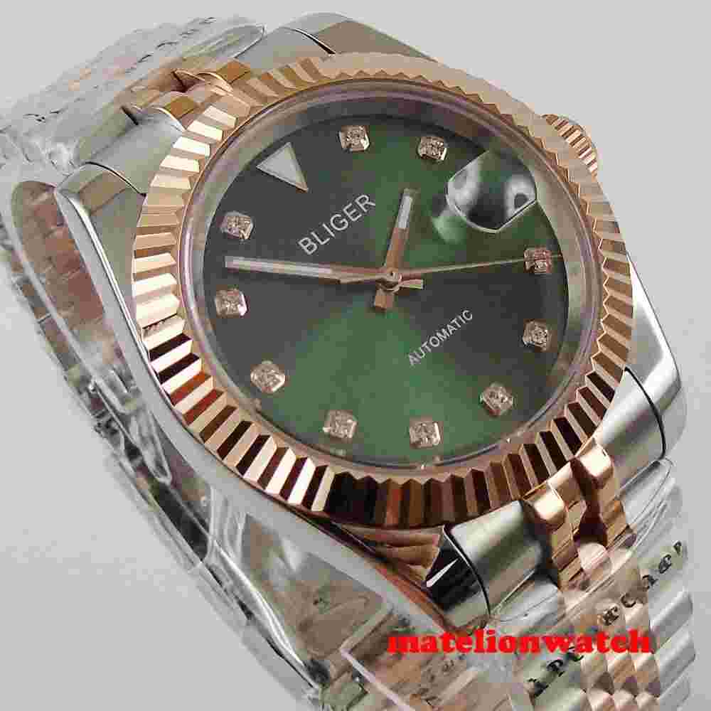 Bliger Rose Gold Automatic Mens Watch 39mm/36mm Miyota Sapphire Glass Green Dial