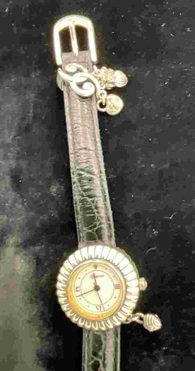 Vtg Brighton Beveled Round Face Watch W/black Band & Heart Charms-new Battery