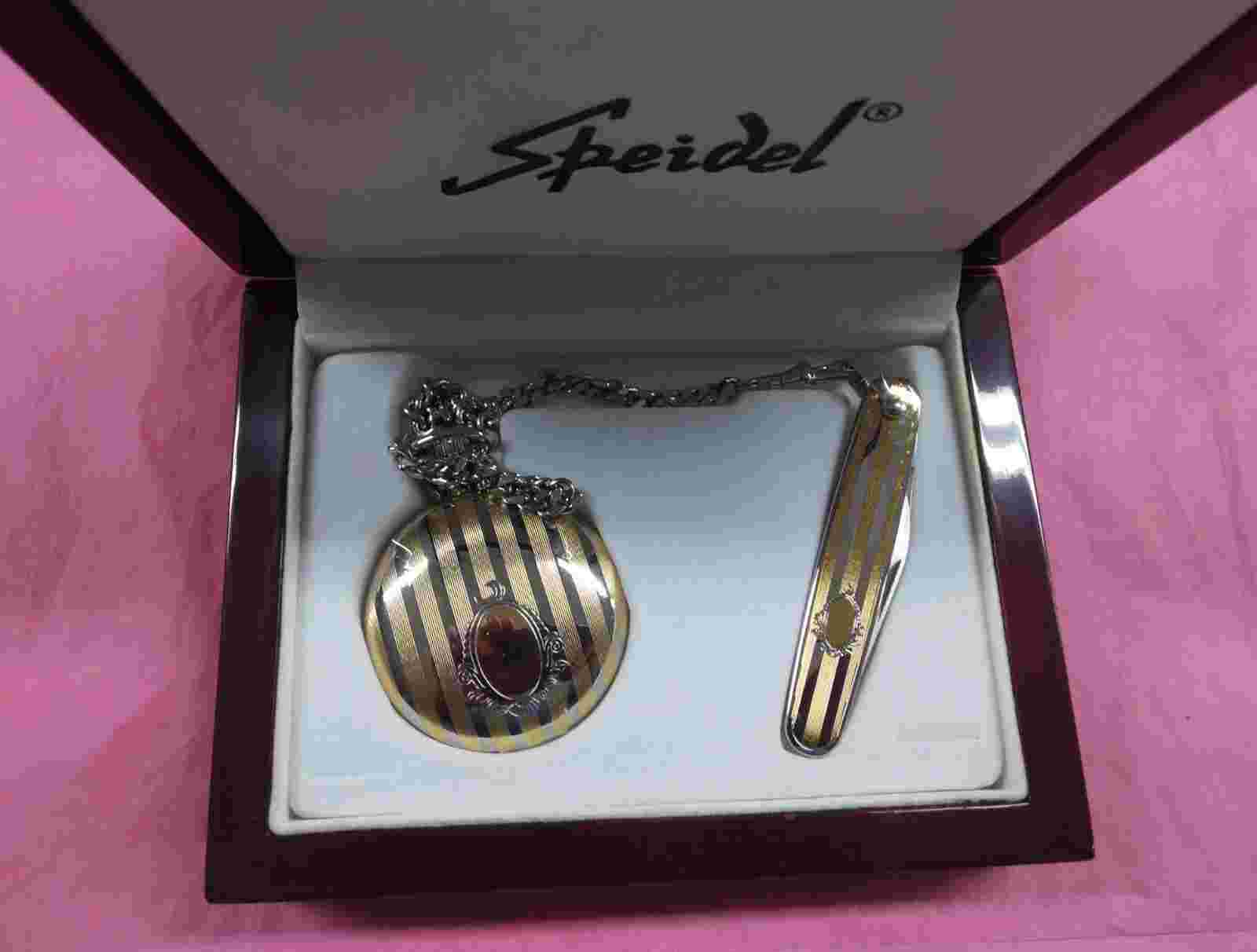 Vintage Speidel Two Tone Gold Pocket Watch & Knife Set - NOS