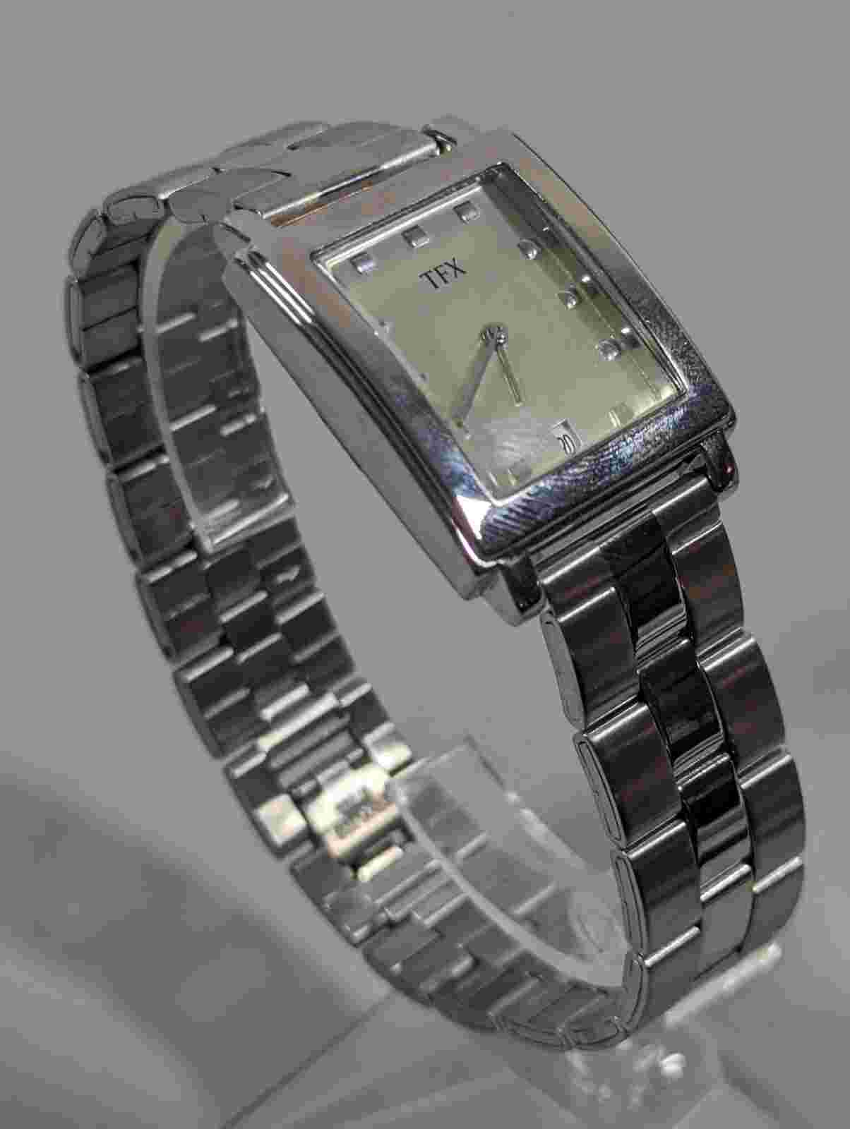 TFX Silver Tone Dial Date Indicator Rectangle Case Stainless Steel Band Watch