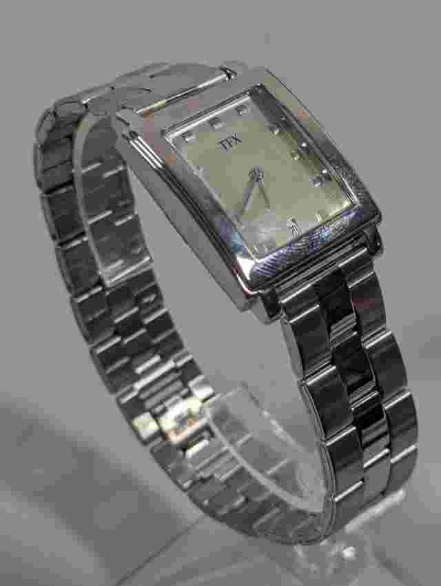 TFX Silver Tone Dial Date Indicator Rectangle Case Stainless Steel Band Watch