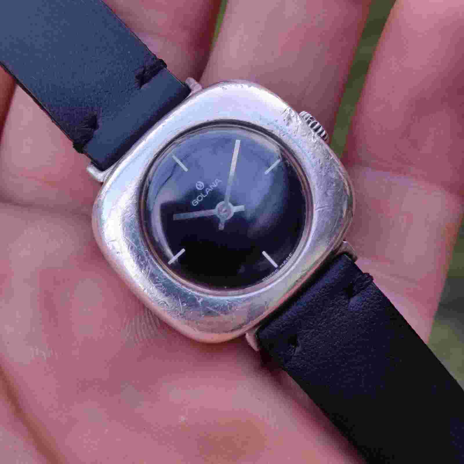 Vintage Golana Silver 925 ladys manual black dial new hand made strap working