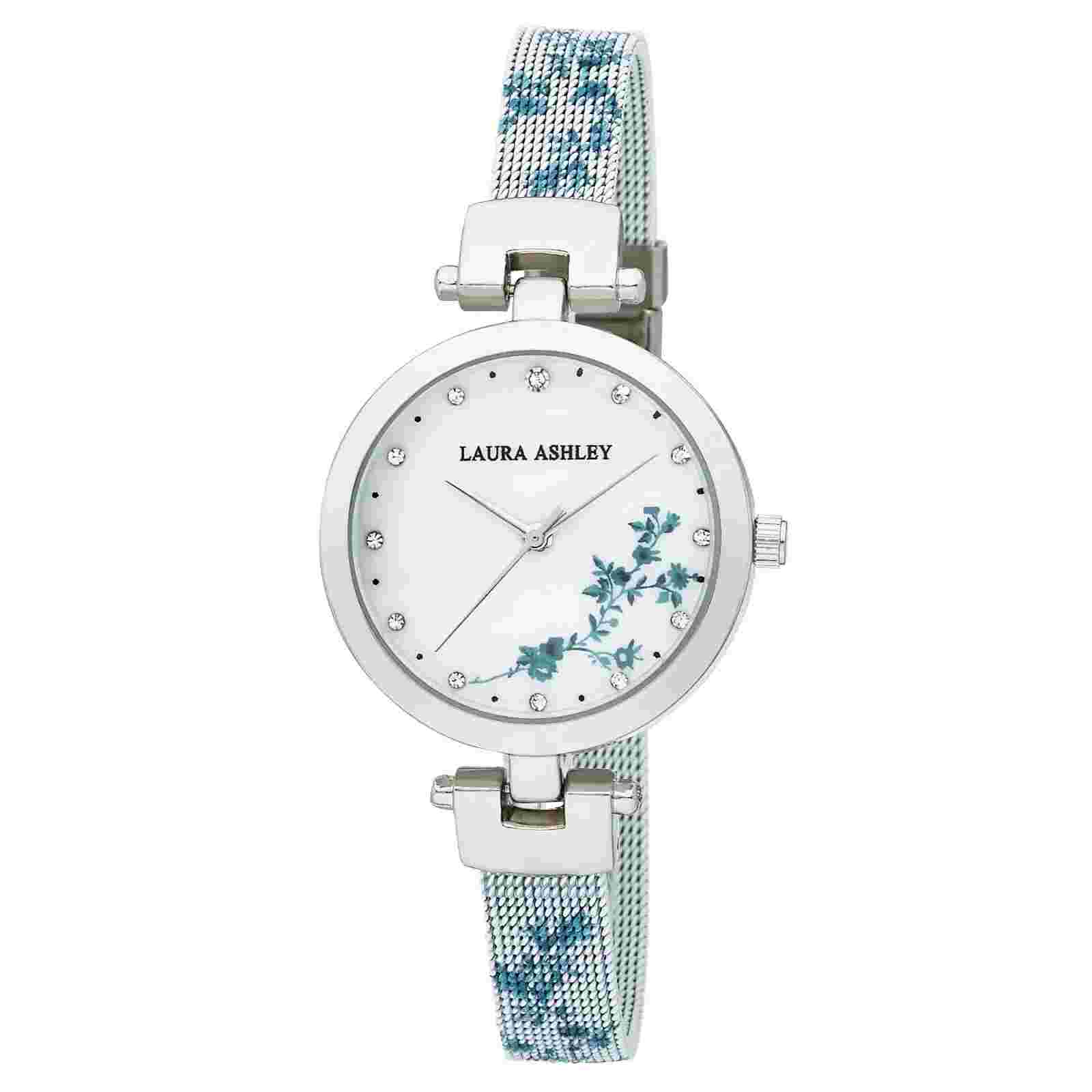 Laura Ashley Womens Round Case with Printed Floral Mesh Skinny Strap Watch