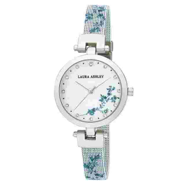 Laura Ashley Womens Round Case with Printed Floral Mesh Skinny Strap Watch